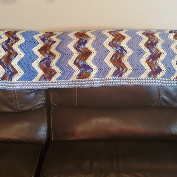 Handmade Crochet Chevron Lap Blanket Sofa Chair Throw Afghan Blue White 23"X77" - Picture 6 of 8